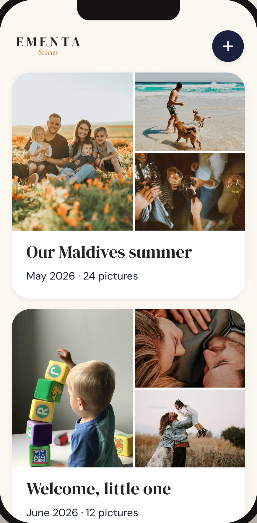 The EMENTA Stories home screen with your stories