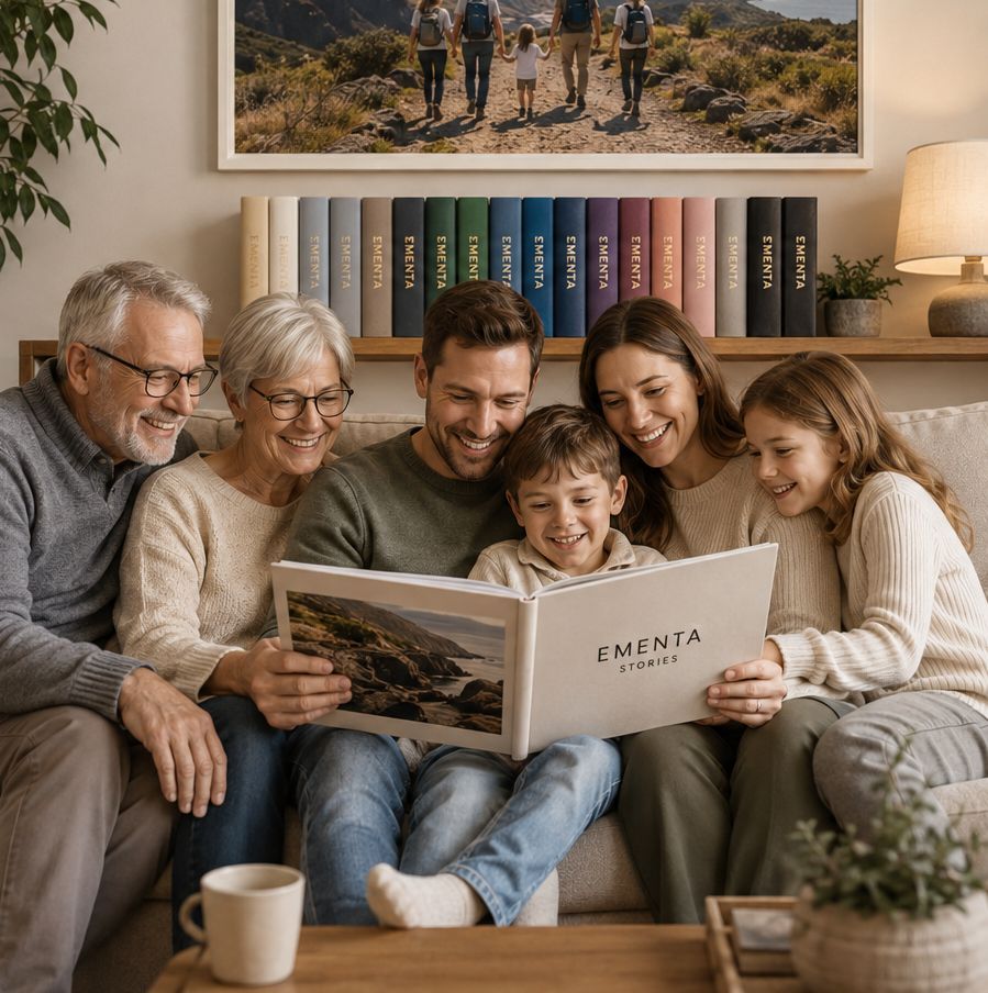 Three generations of one family on a sofa reading an EMENTA Stories photo book together