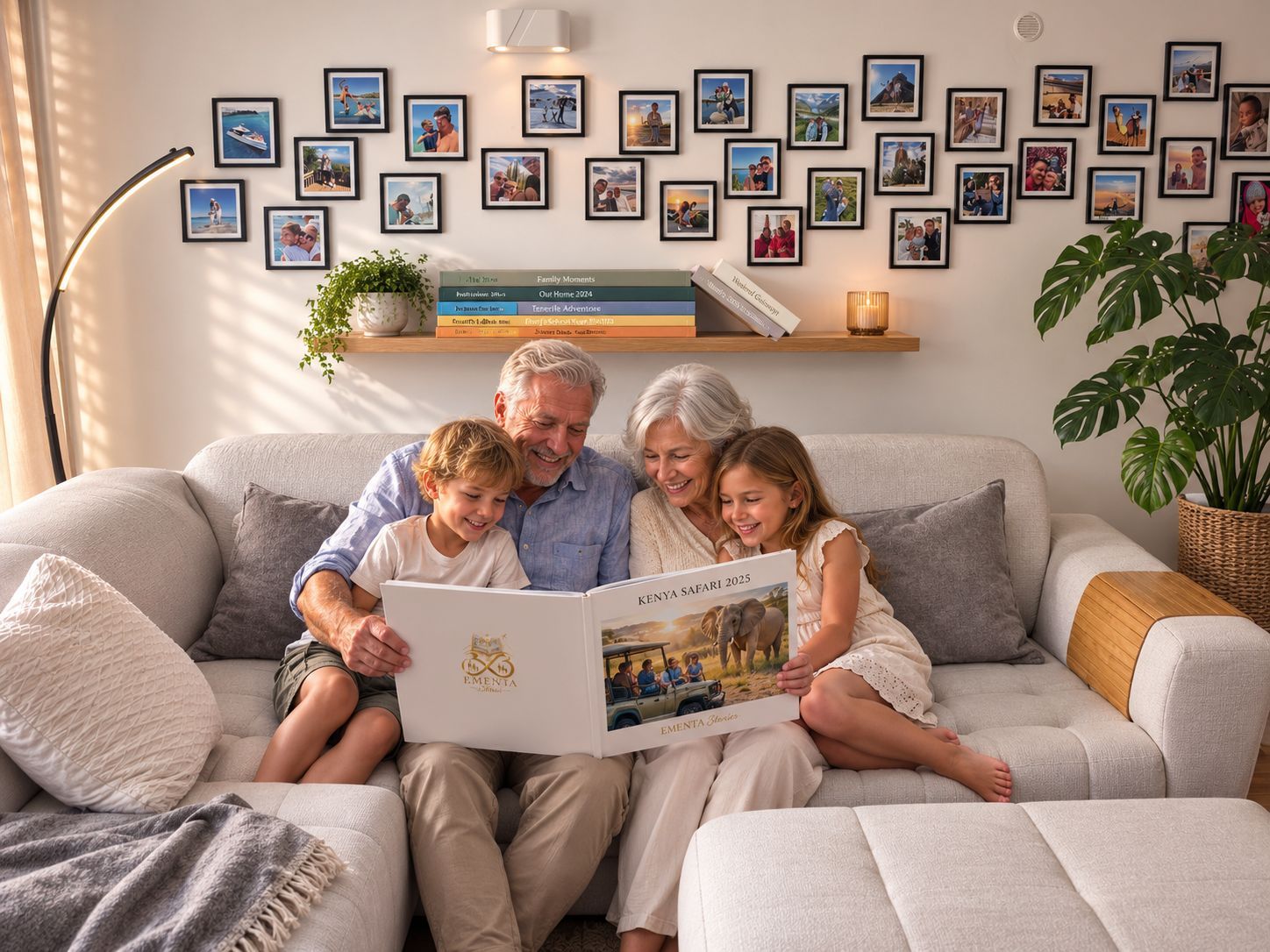 Grandparents and two grandchildren on a sofa looking through an EMENTA Stories photo book, with a wall of framed family photos behind them