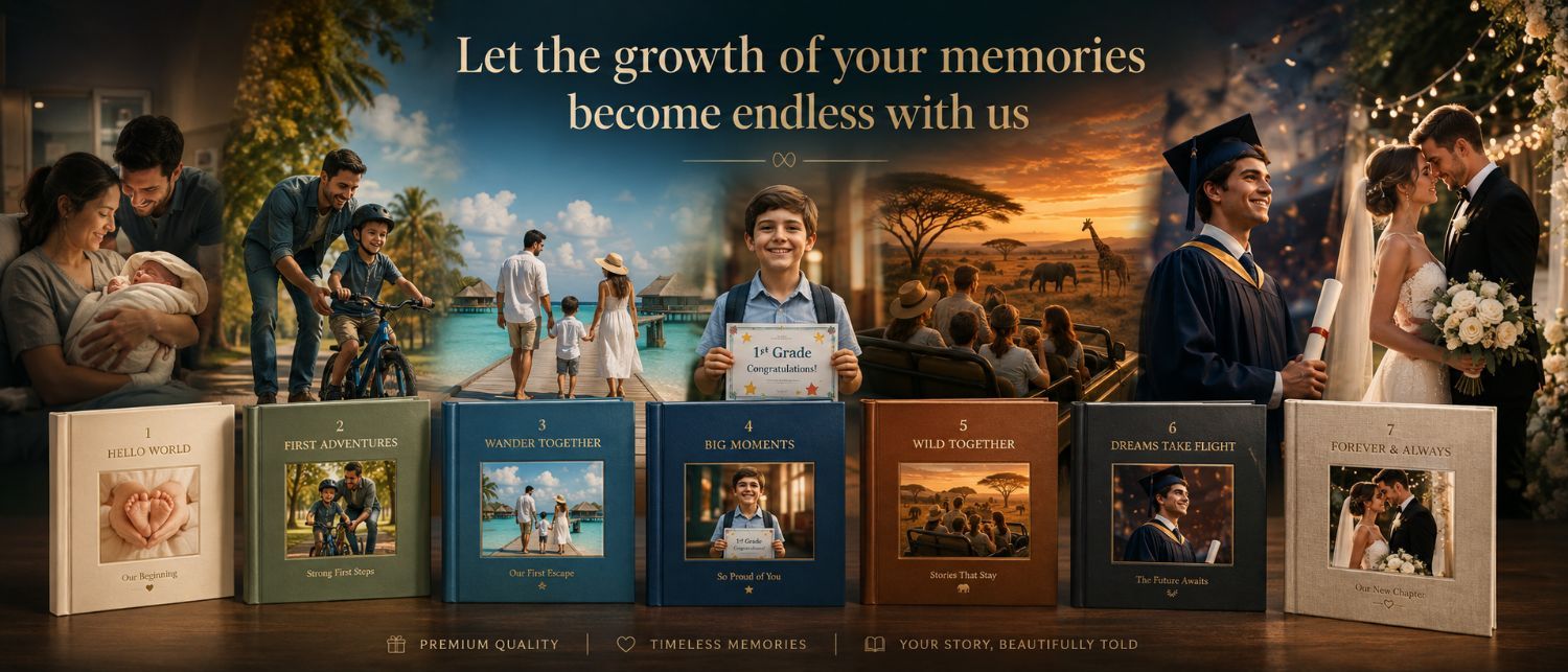 Seven life chapters shown as EMENTA Stories photo books, from a baby's first days to a wedding