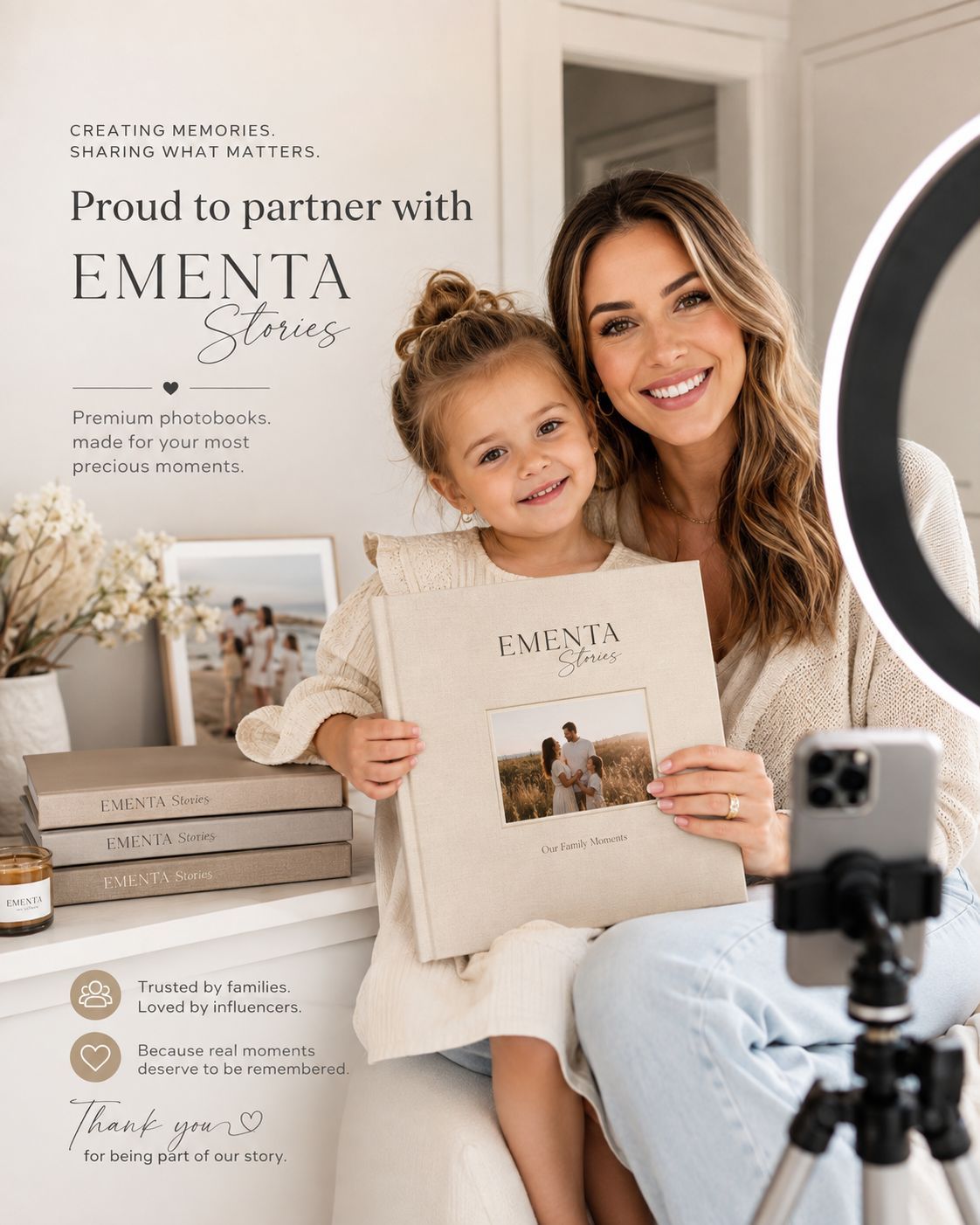 A mother and daughter at home holding an EMENTA Stories family photo book