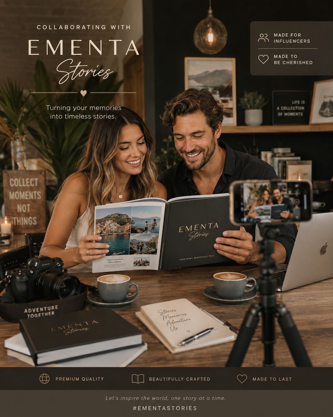 A couple looking through a collaborative EMENTA Stories travel photo book together